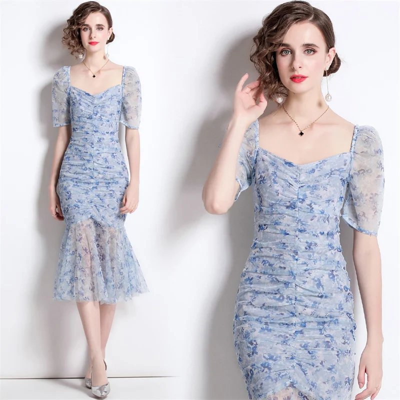 

Occident Feminino Fashion Skinny Trumpet Dresses In Blue Color Breathable Gauze Patchwork Ruched Elastic Package Hip Vestidos