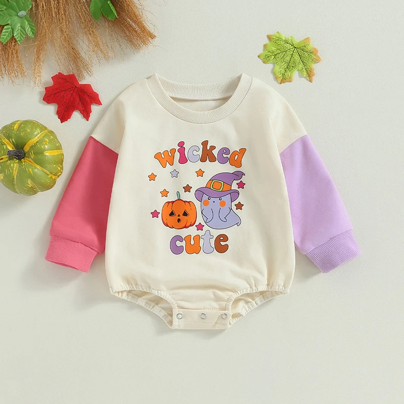 

Baby Girls Boys Sweatshirts Rompers 2023 Halloween Clothes Pumpkin Letter Print Contrast Color Long Sleeve Toddler Fall Bodysuit