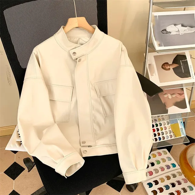 2024 Women Long Sleeved Leather Clothing Outerwear Spring Autumn Fashion Leather Jacket Retro Female Short Solid Color Tops Coat