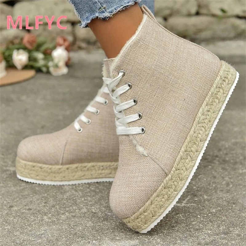 Retro Shoes Women Winter New Thick Sole Solid Color Fashion Casual High Top Single Shoes Ladies Round Toe Simple Flat Sole Boots