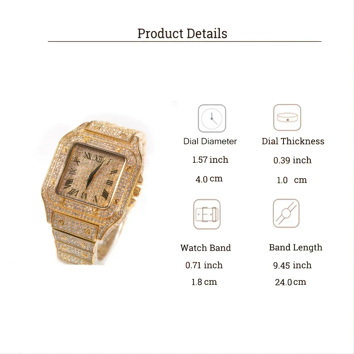 2pcs/set Men's Large Dial Square Rhinestone Watch + Chain Bracelet