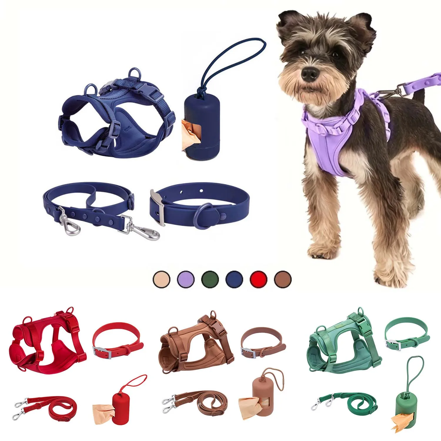 1세트 11가지 색상 도파민 위드 원 PVC 4피스 강아지 가슴줄 및 등줄 세트 물림 방지 방수 애완견 가슴줄 및 등줄 PVC 강아지 목줄