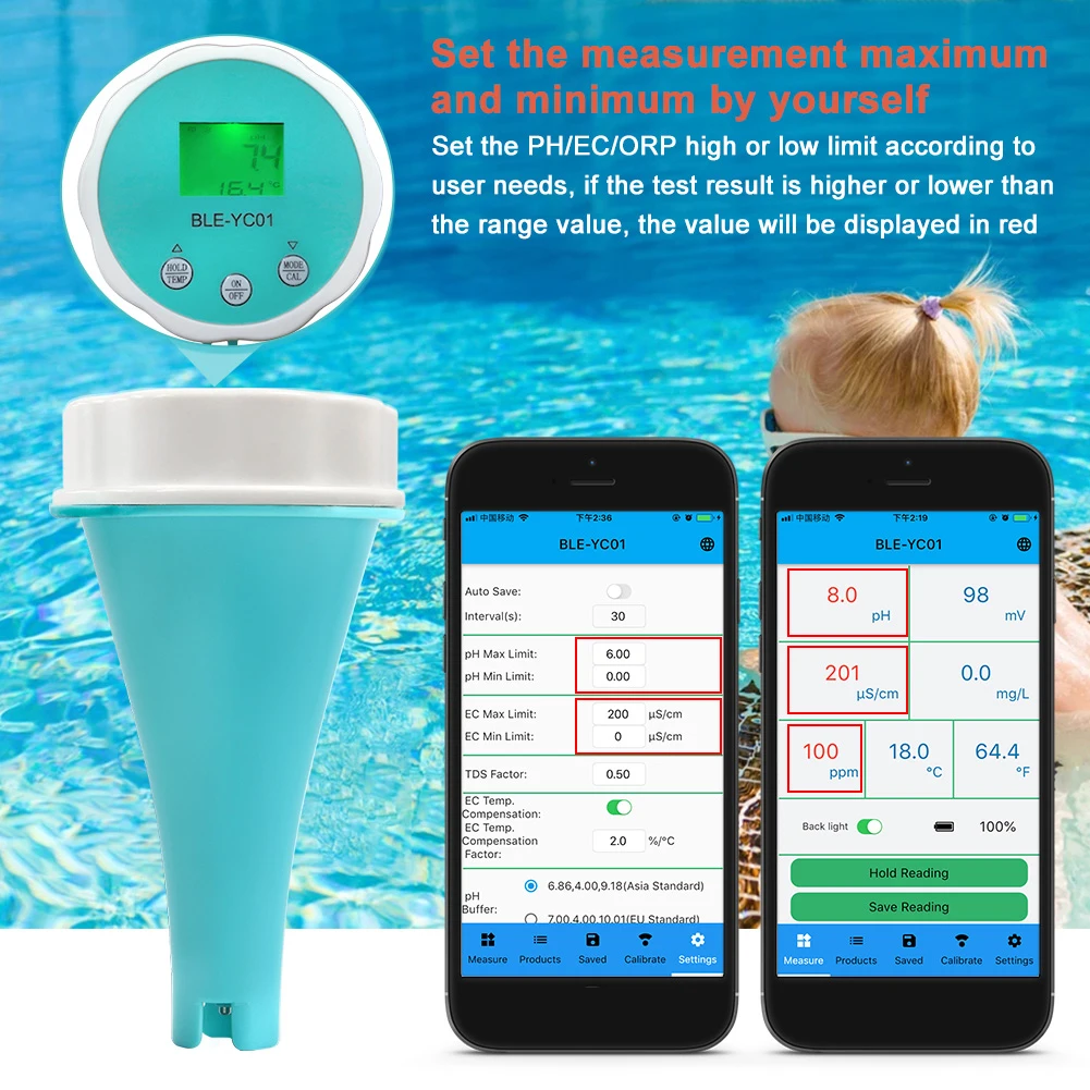 6in1 Residual Chlorine Monitor Ph/orp/ec/tds Water Testing Tool