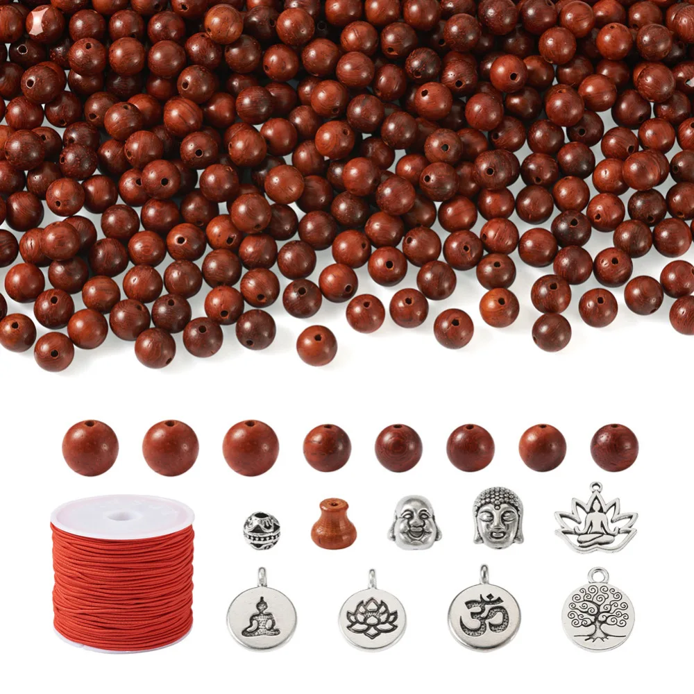 

352Pcs/bag Wood Beads Round Loose Spacer Buddha Head Lotus Beads Charms with Elastic Cords for DIY Jewelry Bracelet Making Kit