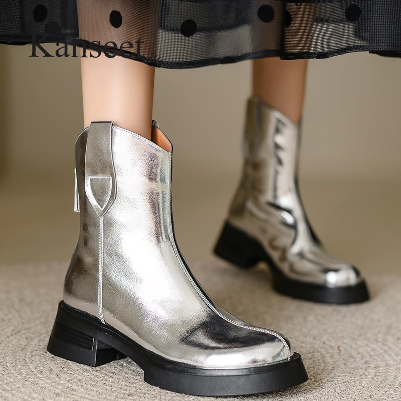

Kanseet 2023 Short Boots For Women Autumn Winter Round Toe Silver Gold Real Leather Shoes Lady Mid Heels Zipper Ankle Boots 40