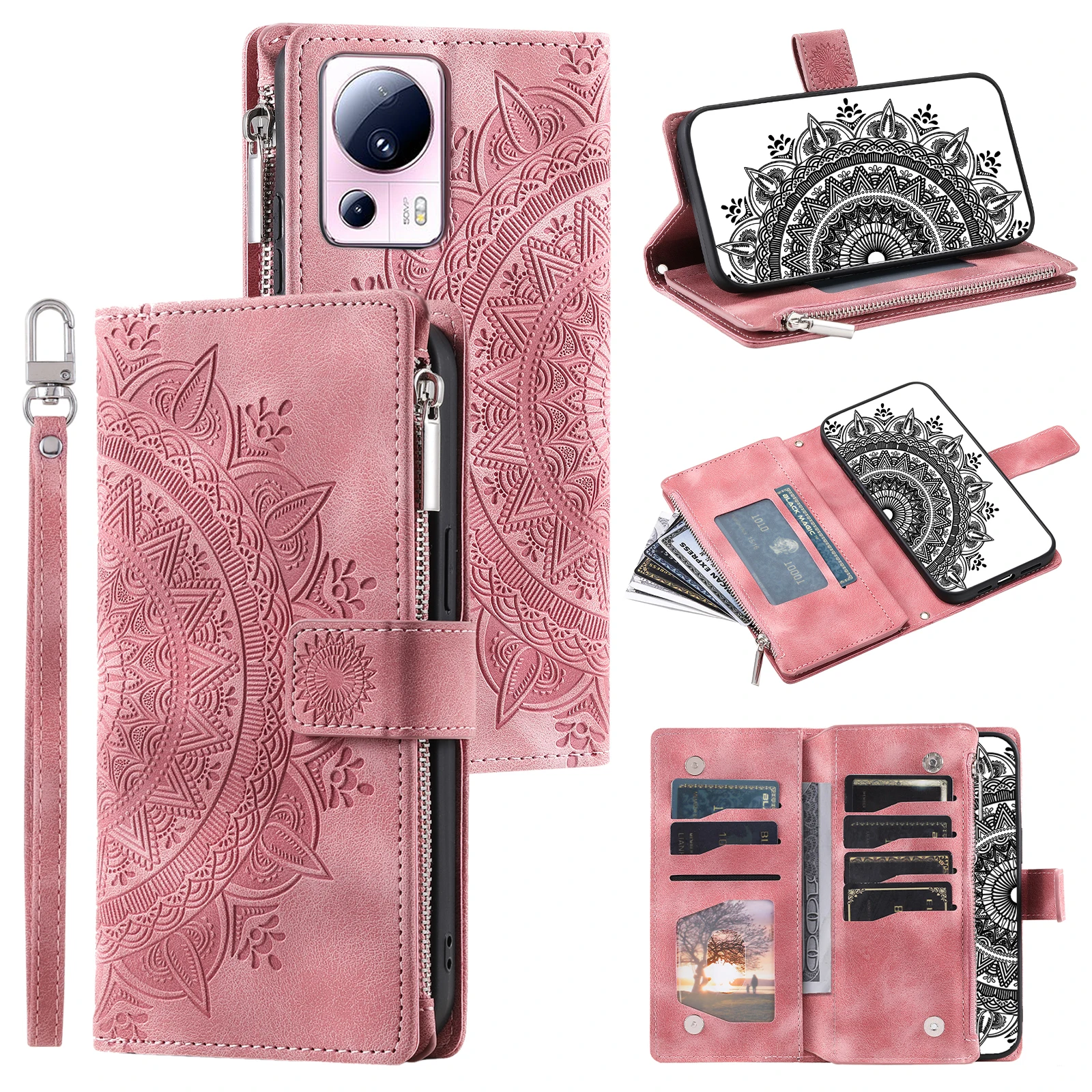 Embossed Lanyard Leather Wallet Phone Case