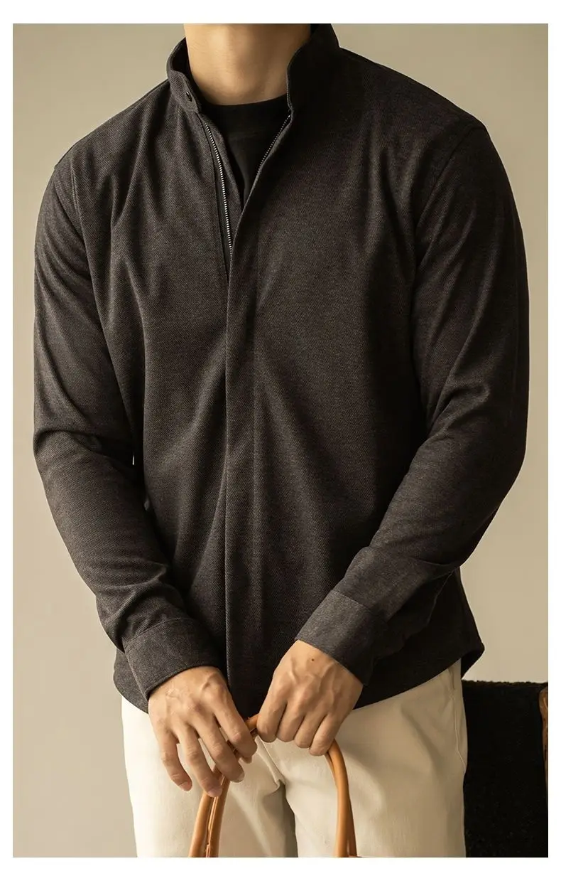 Light Business Stand Collar Warm Wool Zipper Long Sleeve Shirt Men Outdoor Sports Casual Shirt 3