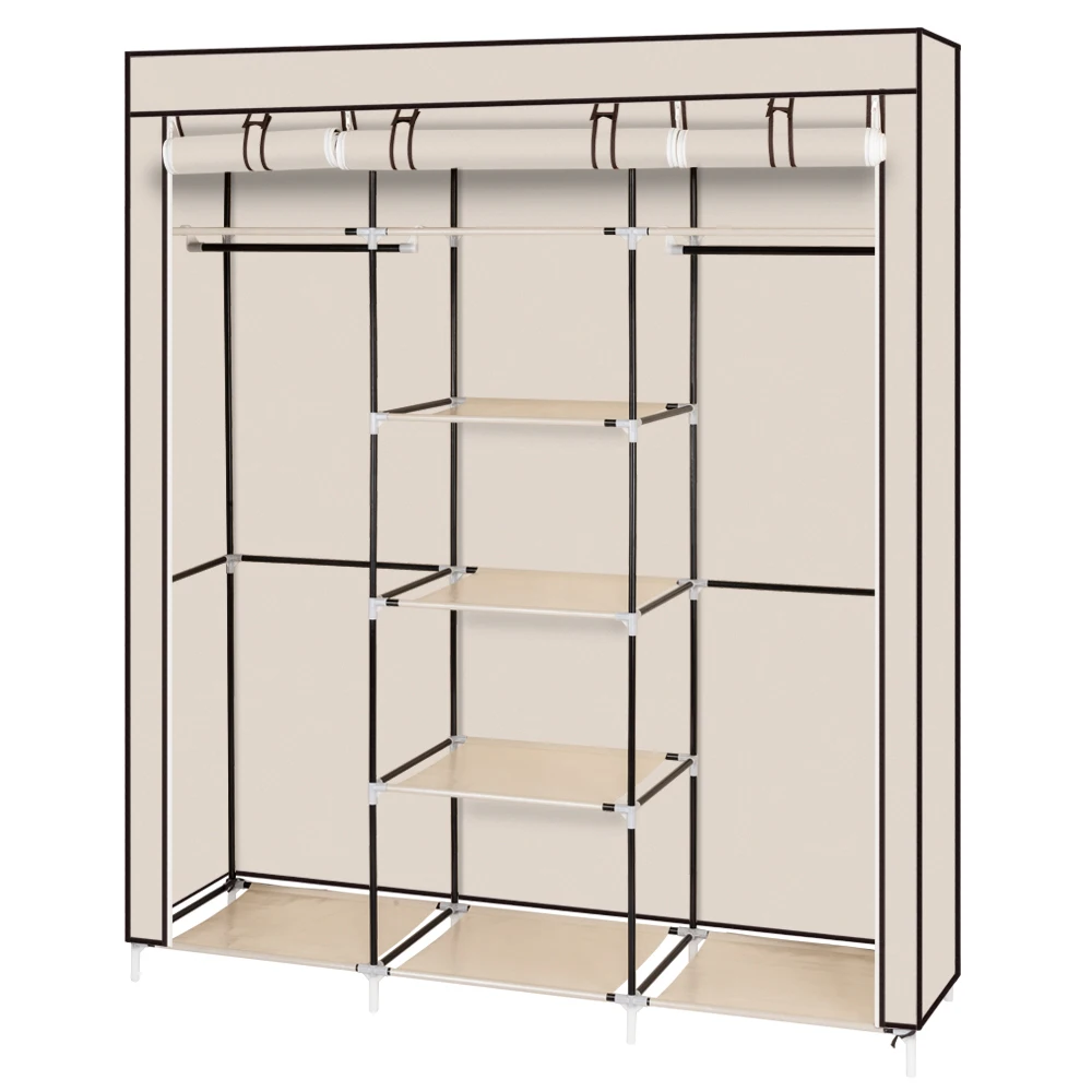 69" Portable Clothes Closet Non-Woven Fabric Wardrobe Double Rod Storage Organizer Beige 3