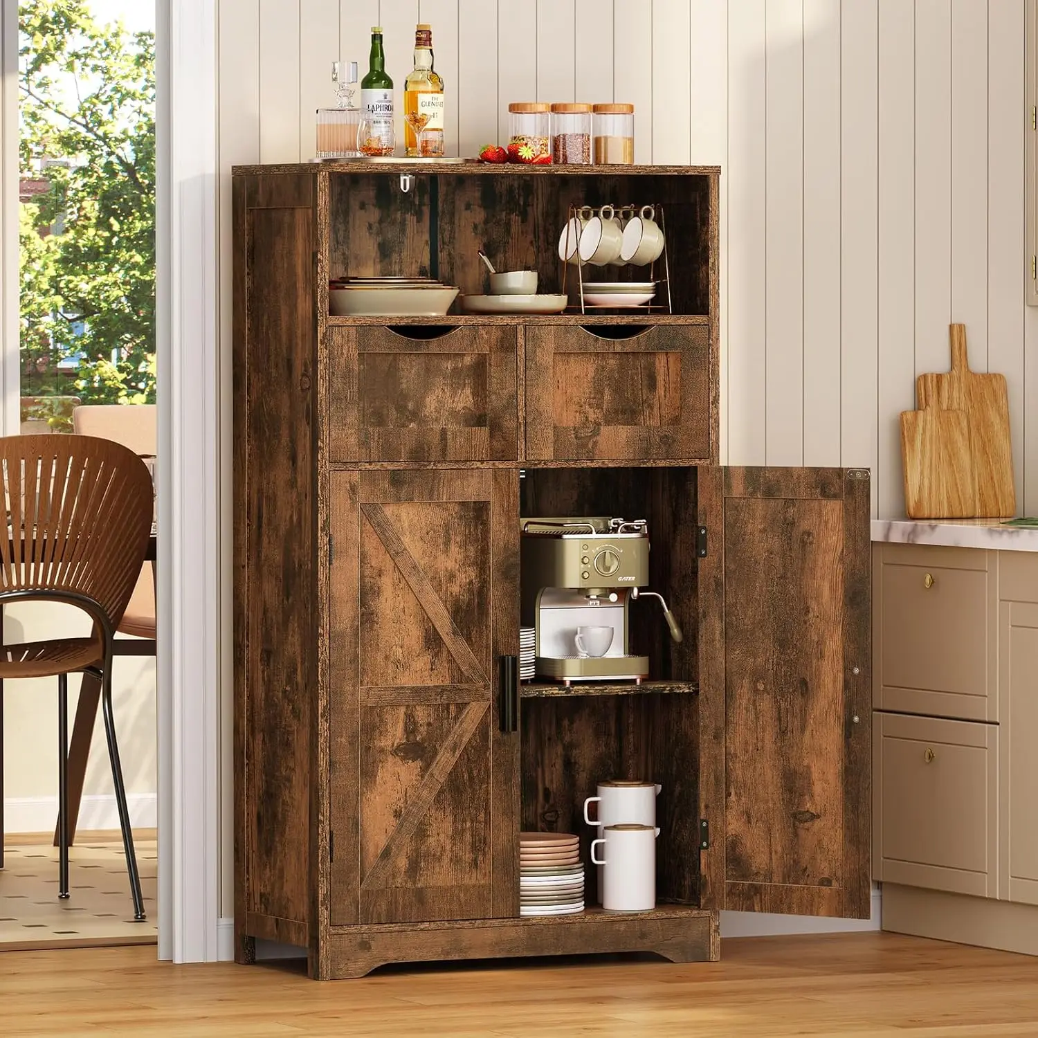 Farmhouse Storage Cabinet. Kitchen Cabinet with 2 Drawers & Shelf. Rustic Brown. For Living Room, Home Office, Kitchen.