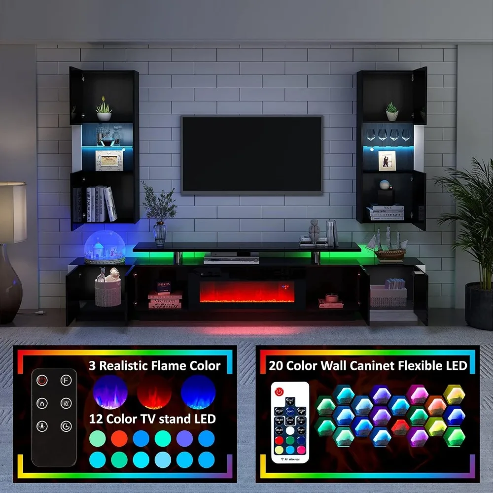 TV Stand with Fireplace and Bookshelves, 2-Tier Fireplace TV Stand, 2 X Wall Cabinets & 2 X End Tables, LED Lights TV Console