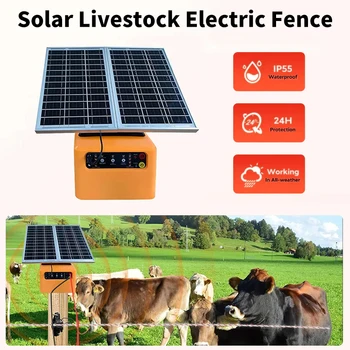 Solar Electric Fence Charger with Battery 9000mAh 1.2Joules Fence Energizer 15W Solar Panel 10KM Range for Animal Farm Livestock