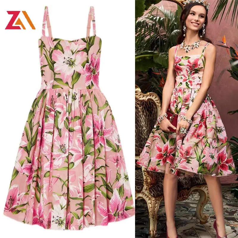 Zalady Fashion Chic Lily Flower Print Midi Dresses For Women Zevity