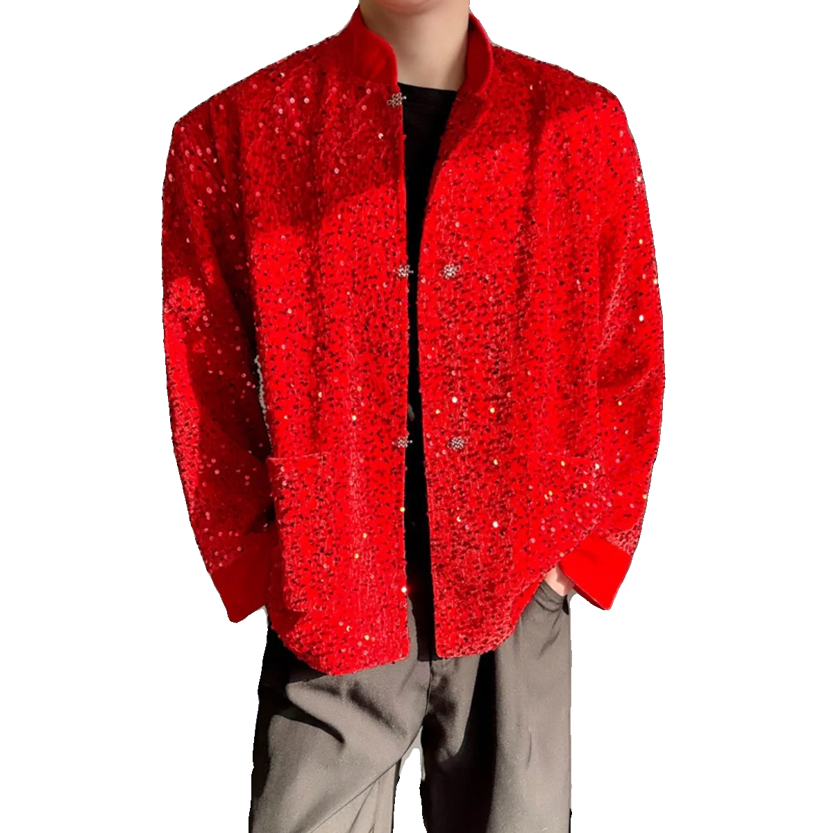 Fashion Spring New Red Suit Men's New Chinese Sequined Fried Street Jackets Trendy Male Long Sleeve Pocket Single-Breasted Coats
