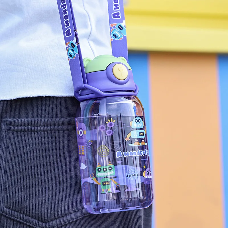 Kids Cartoon Pattern Backpack Sip Bottle - Summer Portable Reusable Plastic Straw Cup for School Kids - Student Drink Bottle