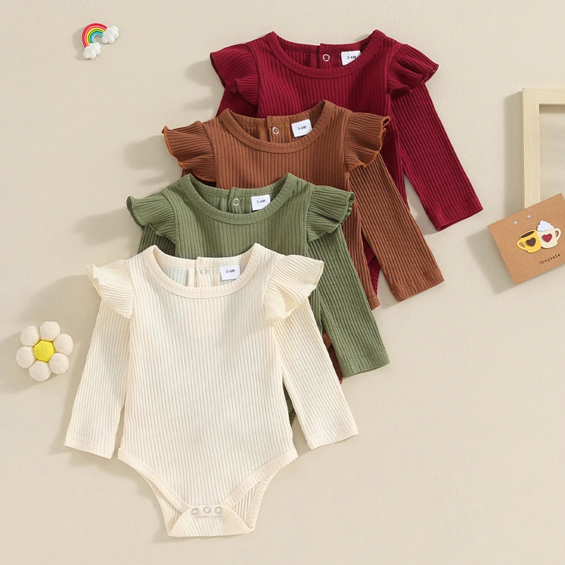 

Комбинезоны для новорожденных девочек 0-24 месяцев, весенне-осенняя одежда, однотонные комбинезоны с круглым вырезом и длинным рукавом, с оборками в рубчик