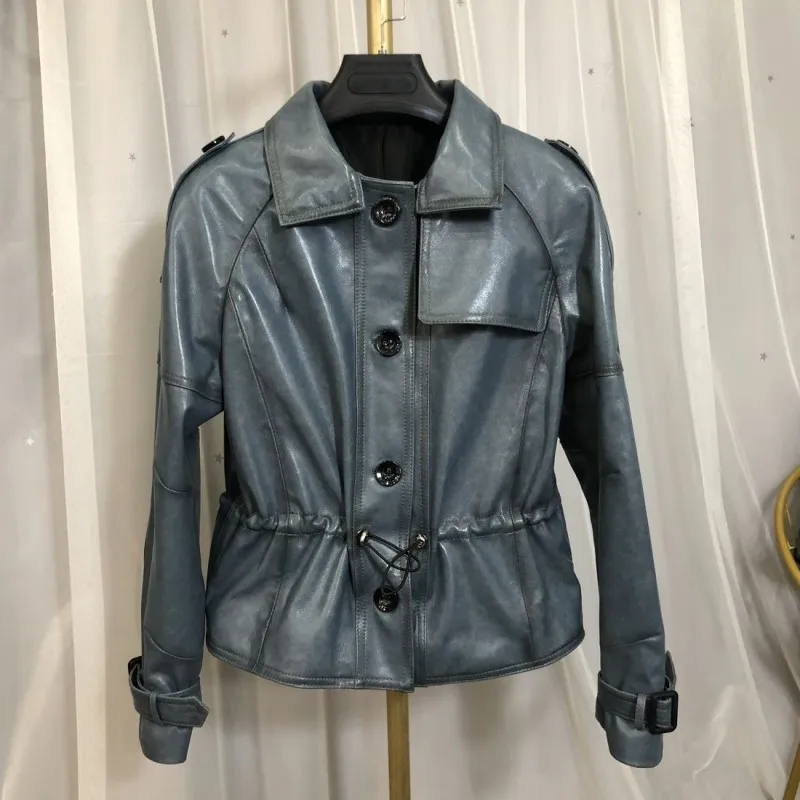 

Женское кожаное пальто на шнуровке, модное короткое однобортное офисное пальто из мягкой вощеной овечьей кожи, повседневное, 2023