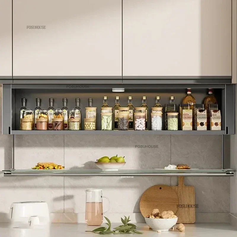 Modern Metal Glass Kitchen Cabinets Wall-mounted Spice Storage Rack Black Pull-out Basket Kitchen Island Creative Home Furniture