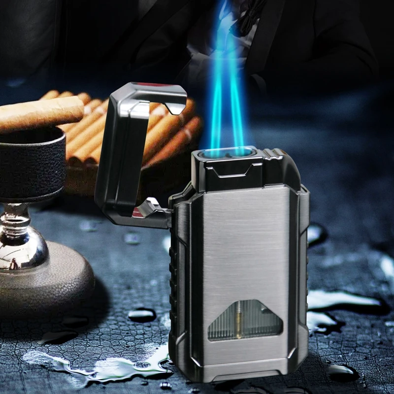 

Metal Perspective Glass Double Direct Blue Flame Inflatable Lighter Flip Cover Cigar Lighter Super Strong Outdoor Windproof