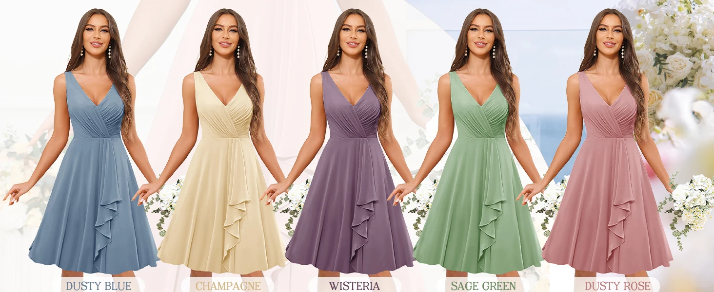 Bridesmaid Dresses for Women Short V-Neck Ruffles Pleated Sleeveless A-Line