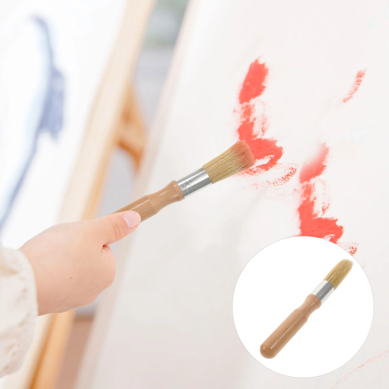 2pcs Chalk Wax Brush Round Hair Wood Handle Painting Waxing Tool For Stencils Furniture ( Beige ) 2