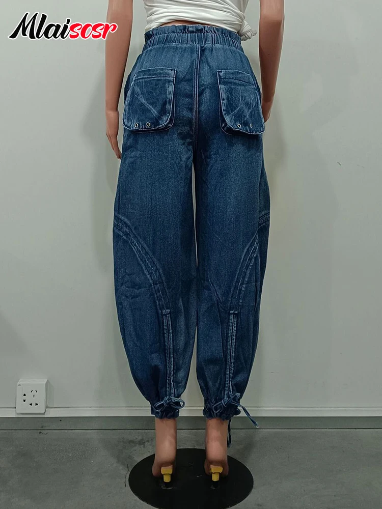 Mlaiscsr Fashion Women Lantern Harem Jeans Drawstring Bandage Loose Blue Straight Wide Leg Denim Pants Streetwear Trousers y2k 5
