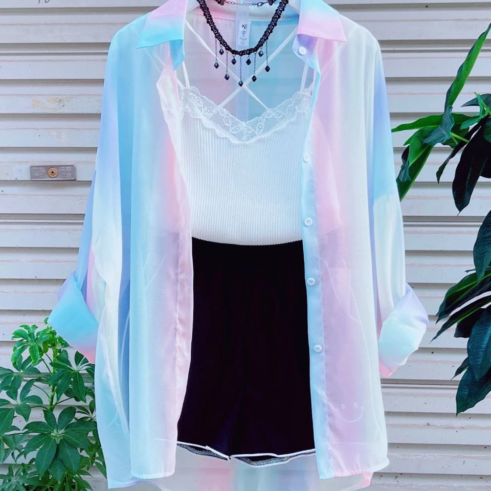 Long Sleeve Top Sweet Sheer Casual Shirts And Blouses Irregular Gradient Rainbow Office Lady Trend Loose New In Outwear Women