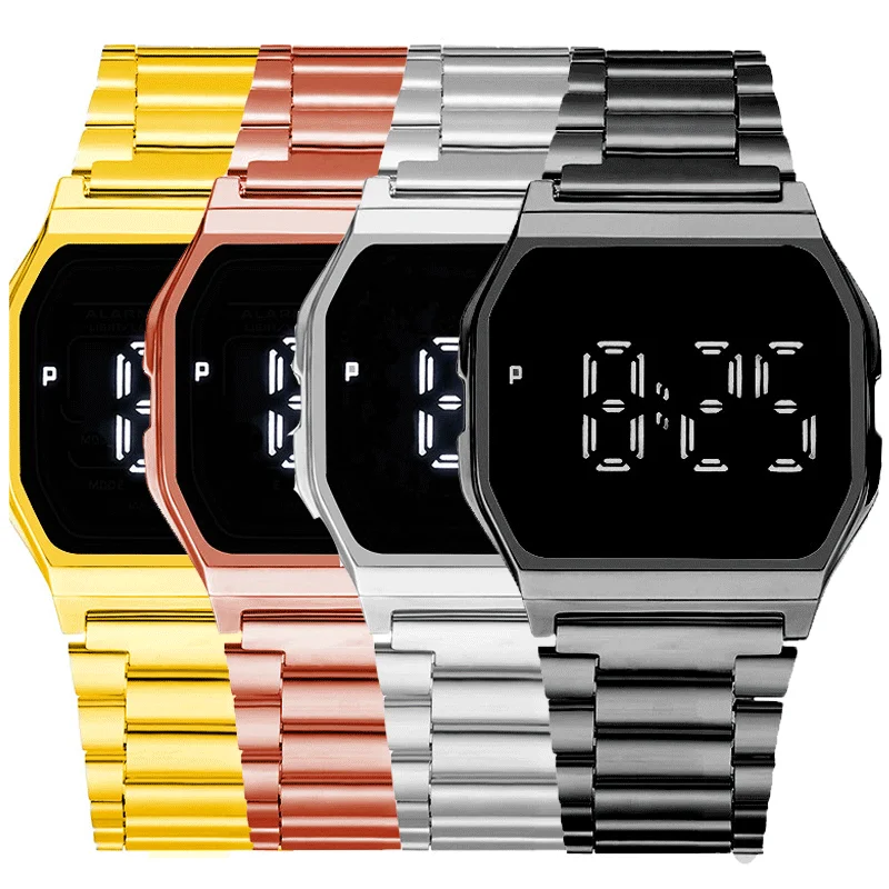 SportsLEDBigDigitalWristWatchesMenWomenMetalSteelBand