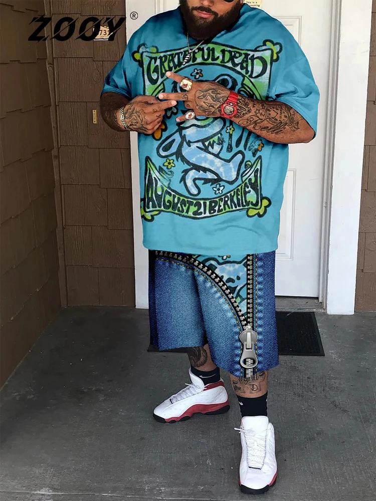 

ZOOY (L-9XL) Men's Plus Size Fashion Fashion Brand Cartoon Graffiti Graphic Casual Short Sleeve Shorts Set