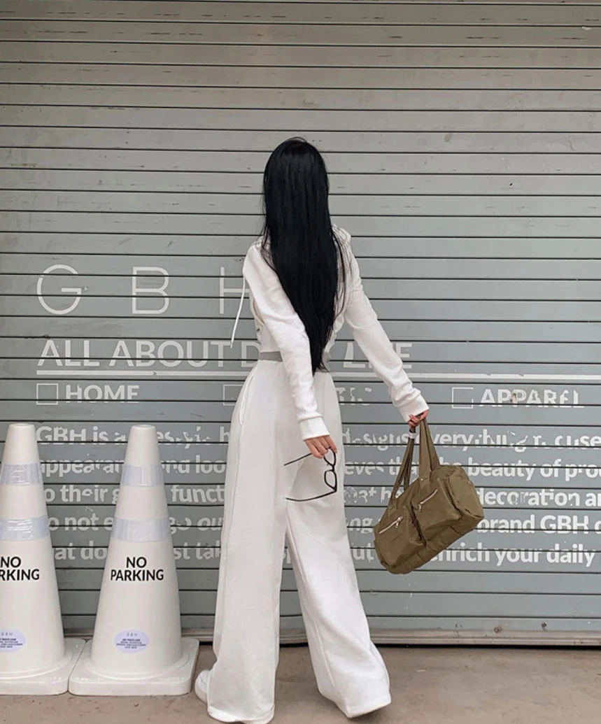 Korean Fashion Streetwear 2-piece Pants Set Women Tracksuit Autumn New Hooded Zip-up Crop Top Long Pants Casual Solid Outfits