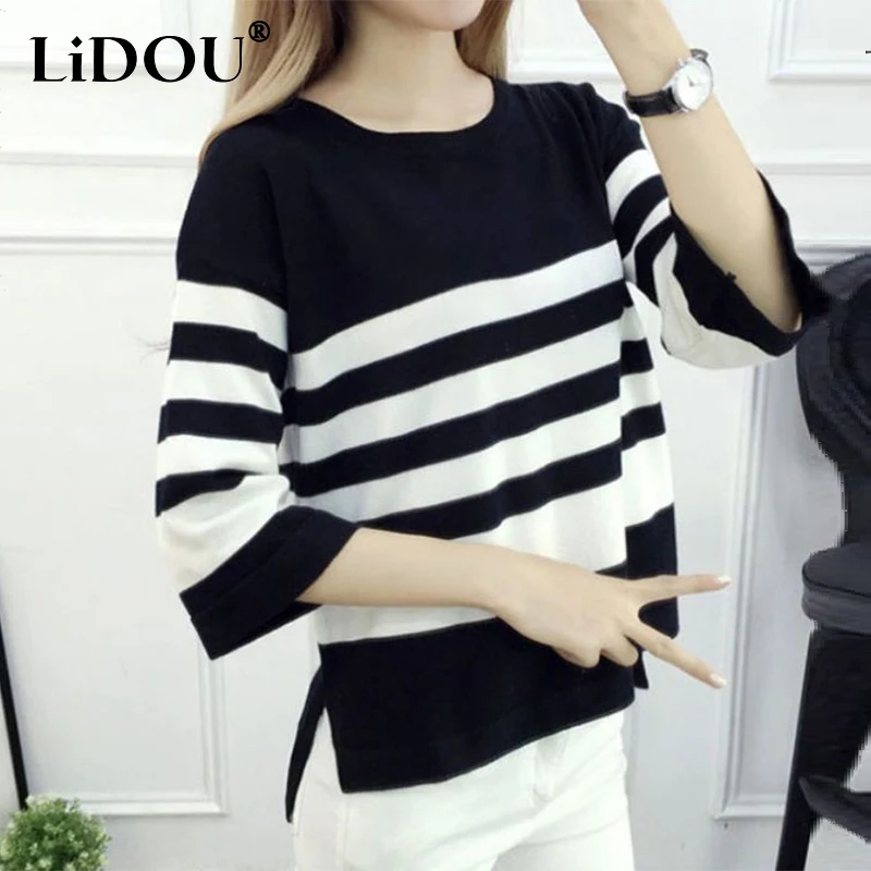 

Spring Autumn Casual Fashion Striped Print Asymmetric Loose Sweater Female 3/4 Sleeve Korean Style All-match Simple Pullover Top