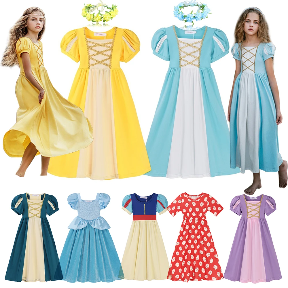 Summer Mickey Mouse Casual Disney Princess Kids Dresses Puffy Rapunzel Pricess Frozen Elsa Snow White Children Dress Holiday