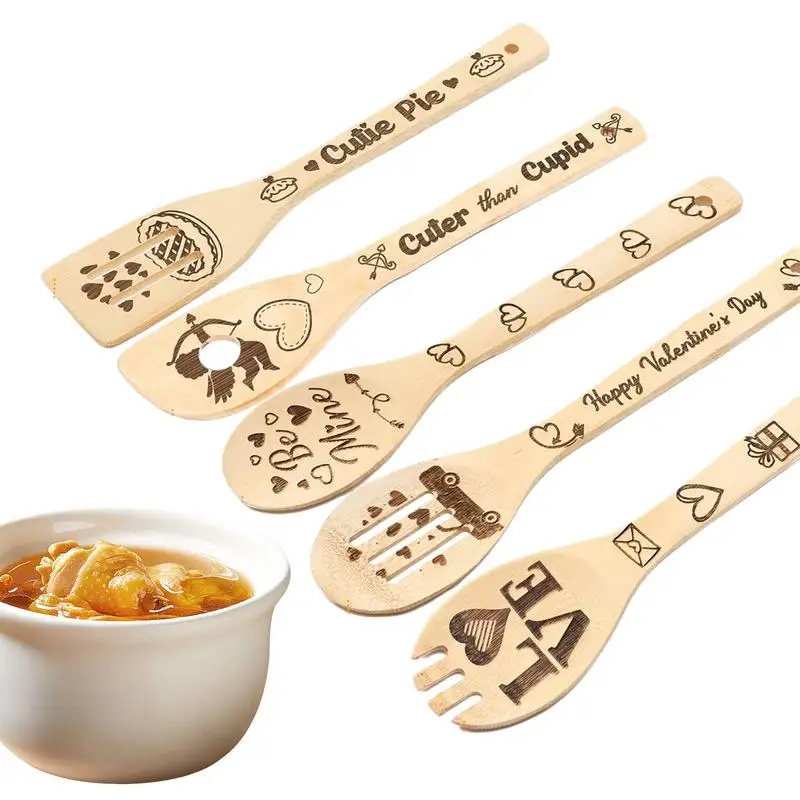 

Wooden Spoon Tableware Set Funny Engraved Coffee Spoon Non-stick Cooking Utensils Carved Burnt Bamboo Spoon Cooking Gift