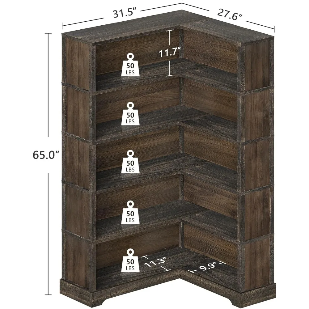 Wood Corner Bookcase, 5-Shelf 65 Inch Tall Bookshelf with Storage, Floor Standing Display Book Shelf for Living Room 3