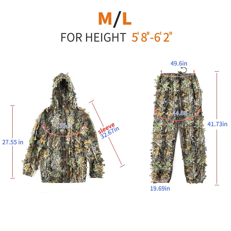 Tactical Outdoor 3D Maple Leaf Bionic Camouflage Ghillie Suit Jungle Clothing Set Pants Hooded Jacket for Kids Men Women Hunting