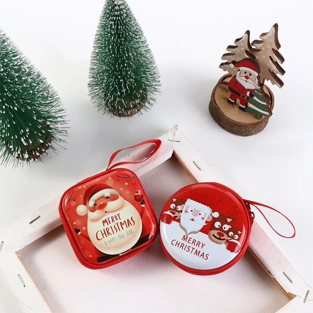 Merry Christmas Ornament Cute Tinplate Coin Purse Mini Wallet Keyrings Red Round Shape Pocket Bags Snowman Elk Santa Claus