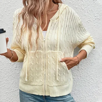 Cardigan maglione solido lavorato a maglia a trecce con cappuccio da donna autunnale 1