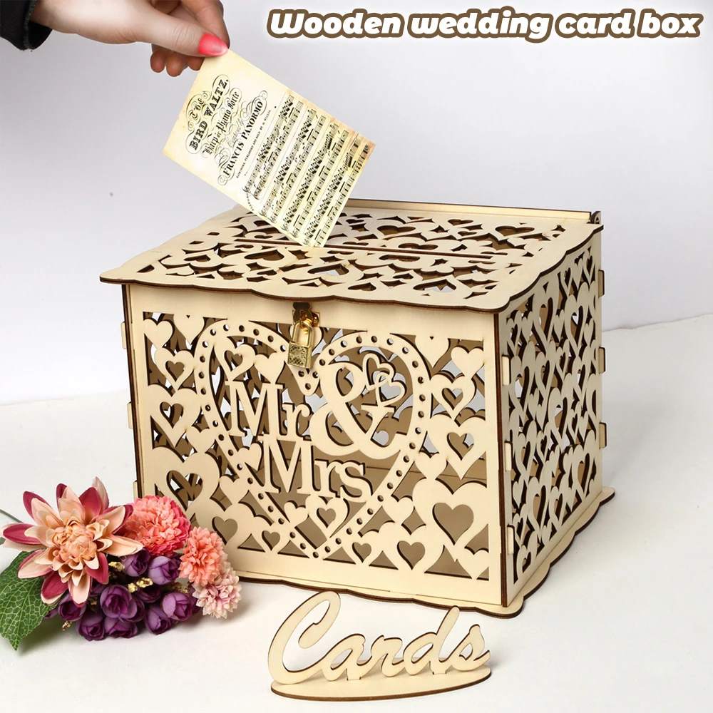 Wedding Card Box Carved Openwork Wooden Lock Mr&Mrs DIY Couple Love Pattern Envelope Sign Cards Decoration Party Supplies wooden gift card boxes wedding place cards