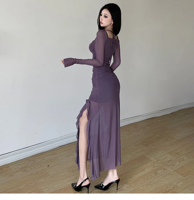 Sexy High Slit Bodycon Midi Dresses for Women Square Collar Long Sleeve Slim Evening Party Dress Club Prom Robe Y2K Vestidos New