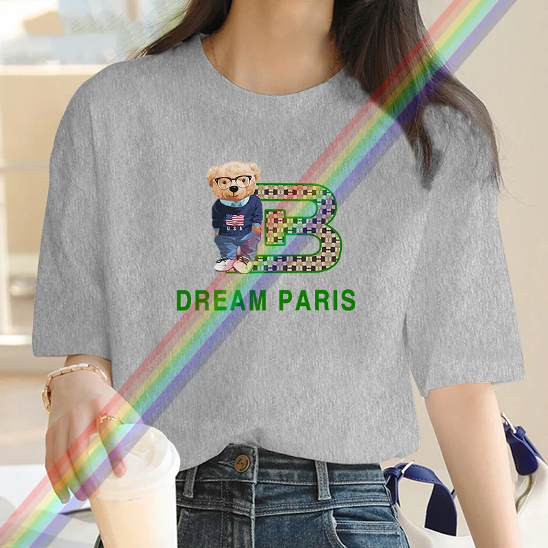 New fashion cartoon letter Bear print women's T-shirt street wear large casual Y2K cotton top summer women's short sleeve