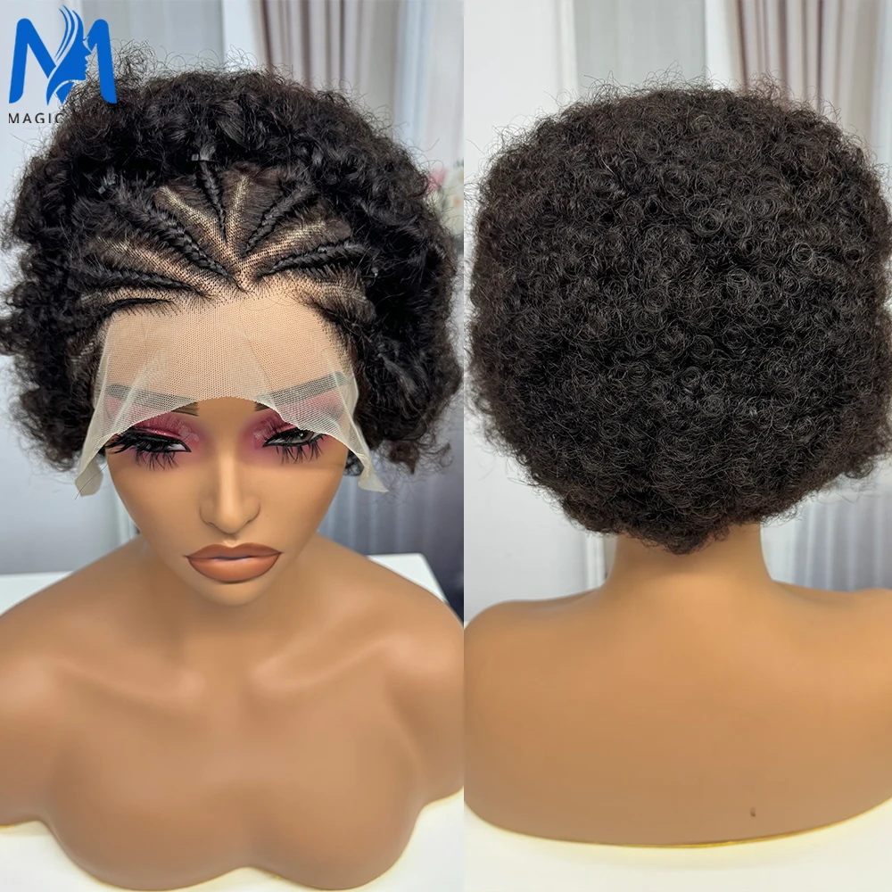 13x4 Spitze frontal afro lockige Perücke 100% brasilia nisches Remy Haar 6 Zoll federnde lockige Perücke Echthaar Perücken mit Zöpfen für schwarze Frauen