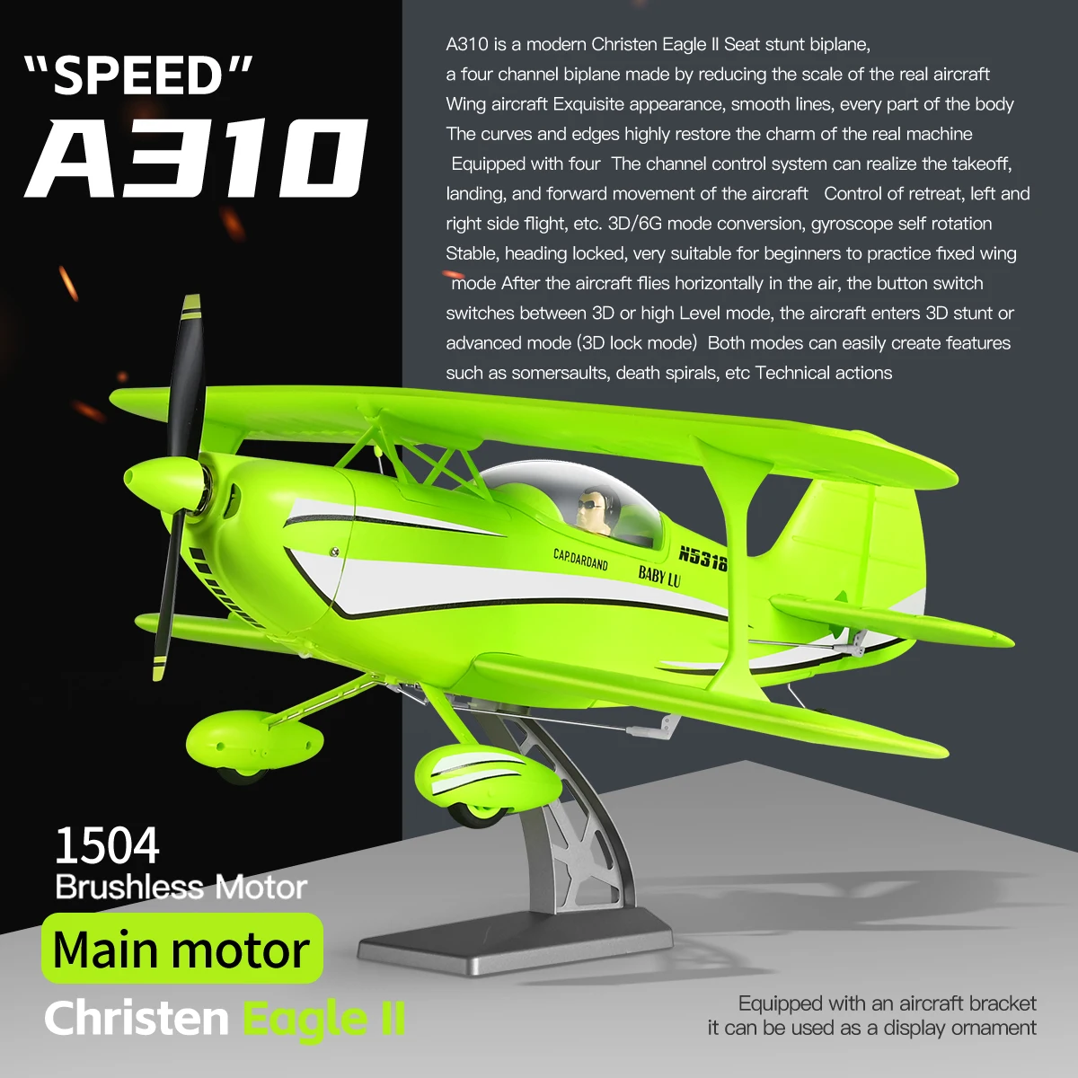 Planeur RC A310 3D/6G en vol, biplan réaliste avec ciel bleu en arrière-plan