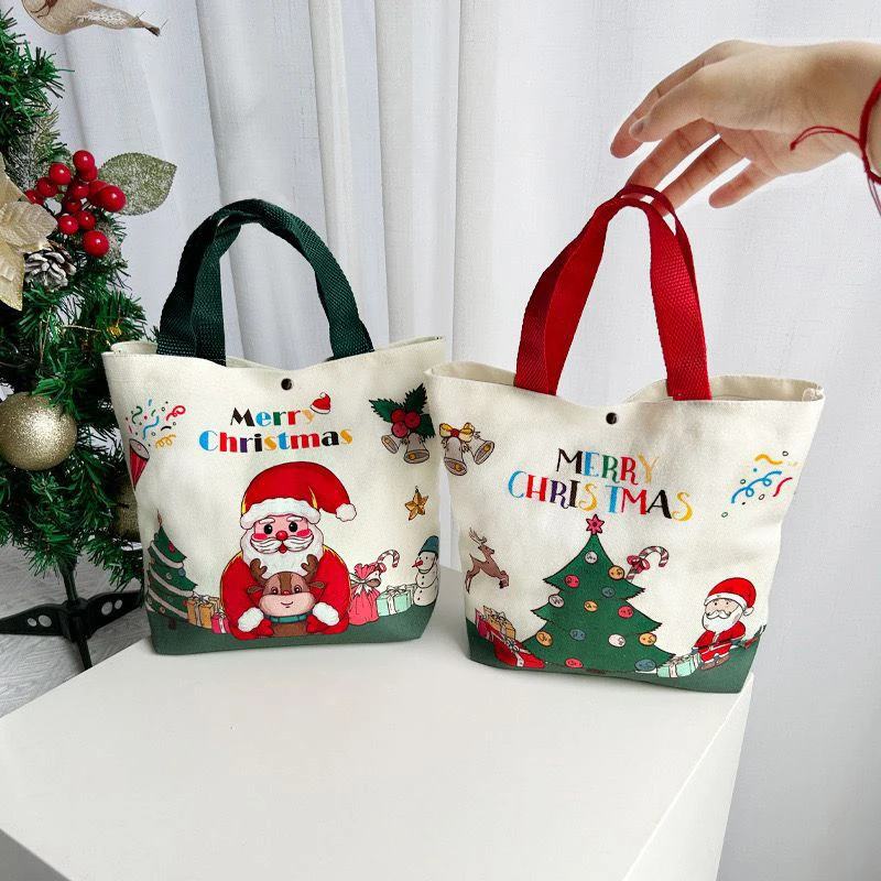 1PC Christmas Gift Bags With Santa Claus Reindeer & Snowman Designs Durable Canvas Tote Bags Party Candy Gift Storage Bag Bulk
