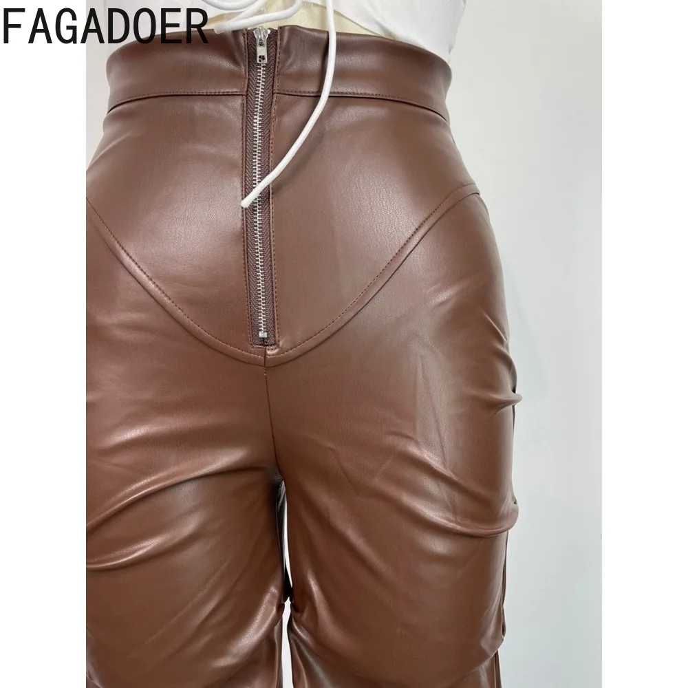 FAGADOER Casual PU Leather Ruched Flared Pants Women High Waisted Zipper Skinny Trousers Female Casual Matching Bottoms 2024 New