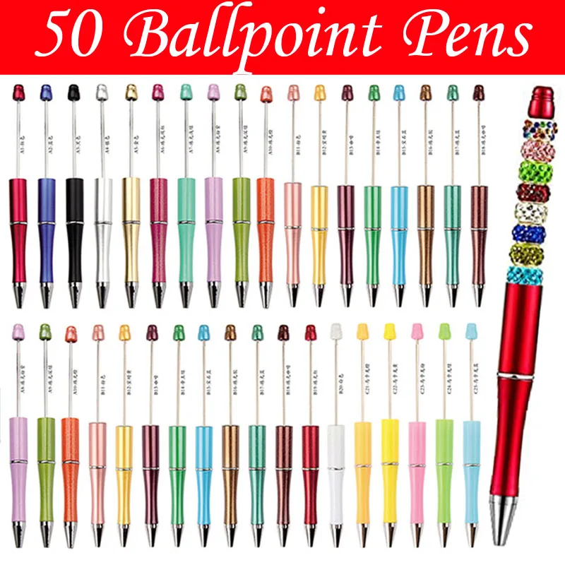 50Pcs Plastic Beadable Pen Ballpoint Pens DIY Bead Gifts School Office Writing Signature Pens Wholesale