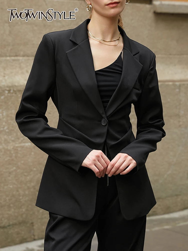 

TWOTWINSTYLE Black Slim Korean Blazer For Women Notched Collar Long Sleeve Ruched Solid Minimalist Blazers Female Clothing New