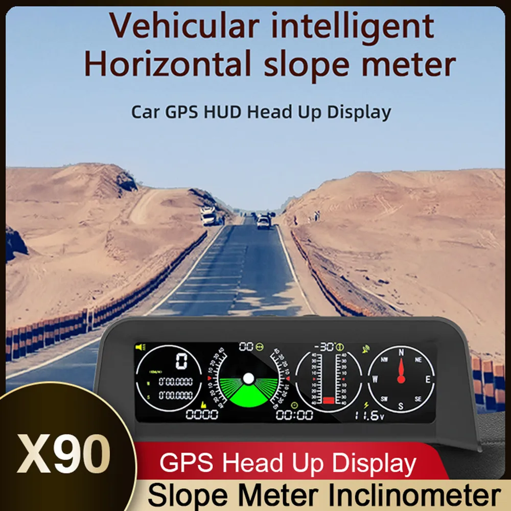 

X90 GPS Slope Meter Inclinometer MPH KM/H Head Up Display Car Compass HUD Latitude Longitude Altitude Digital Speedometer