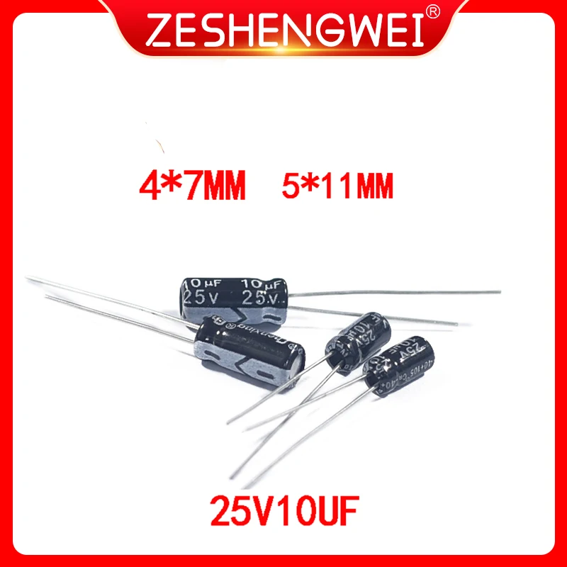 50PCS 10UF 25V 105C 4X7mm 5X11mm Aluminum Electrolytic Capacitor 25V 10UF Radial Lead
