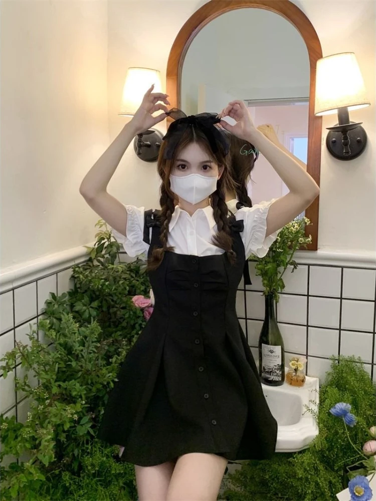 Costume Style Preppy Kawaii, robe noire, chemisier blanc, doux