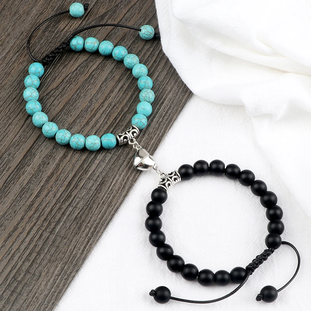 2pcs Nero Bianco Cuore Magnete Braccialetto Moda 8mm Lava Naturale Allungato Pietra Perline Coppie Bracciali Donne Fascino Gioielli Yoga-Viola- Opaco