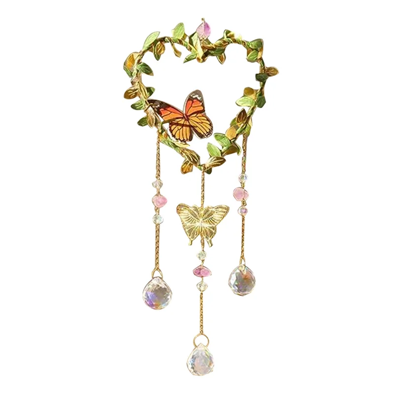 A82X-Heart Suncatchers Window Hanging, Colorful Crystal Suncatcher With Butterfly, Crystals Light Catcher With Prisms Garden